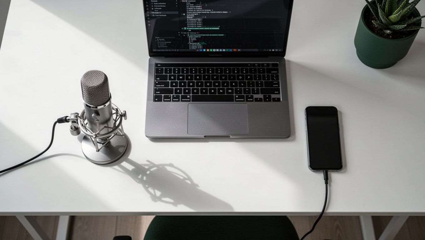 A professional microphone stands beside a sleek open laptop and smartphone on a clean desk. Muted dark-green accents highlight the organized layout, captured from a clear top-down perspective with soft lighting.