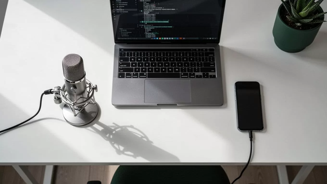 A professional microphone stands beside a sleek open laptop and smartphone on a clean desk. Muted dark-green accents highlight the organized layout, captured from a clear top-down perspective with soft lighting.