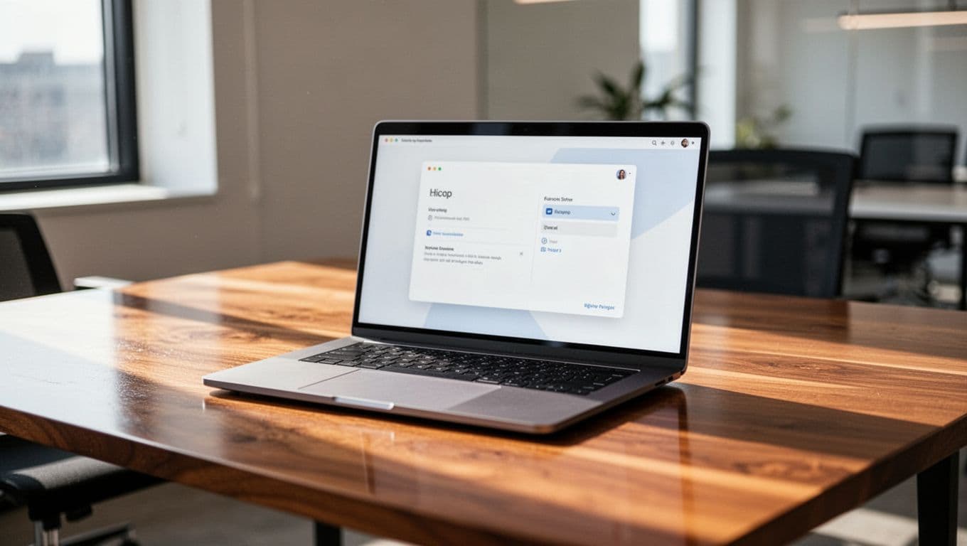 A sleek laptop sits centered on a polished wooden desk, bathed in soft daylight. The background features a blurred, professional office environment to emphasize focus and clean, productive work habits.