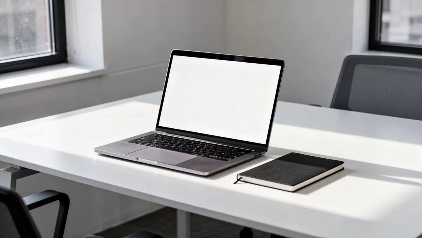 A sleek silver laptop sits centered on a clean white desk next to a closed spiral notebook. The brightly lit scene conveys a professional atmosphere suitable for focused daily productivity.