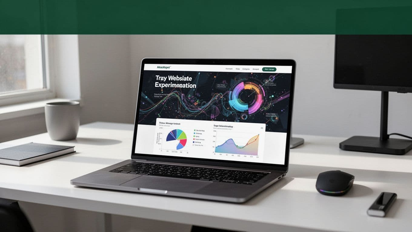 A minimalist desk with a laptop showing experimentation charts under soft light.