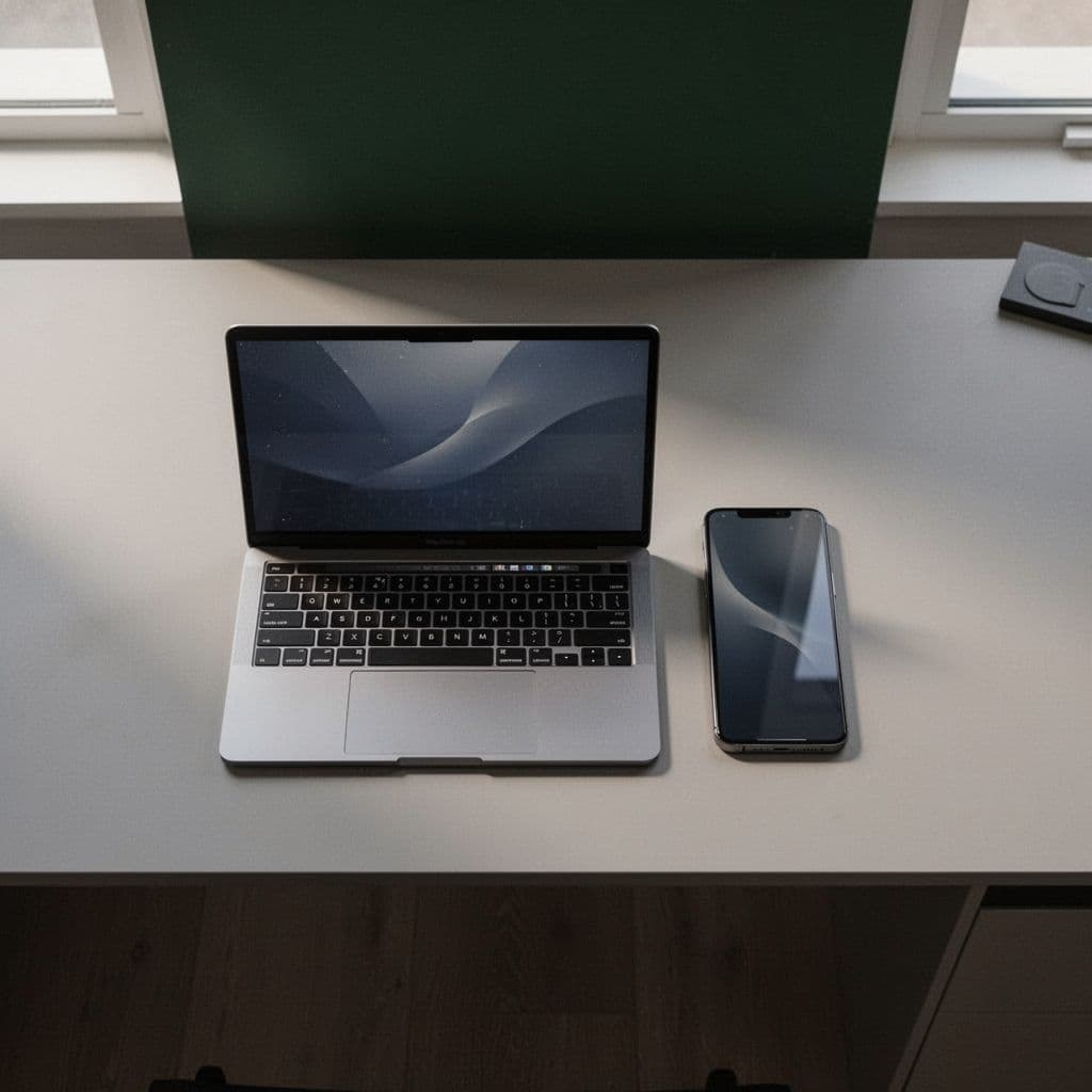 A top-down view shows a sleek laptop and a smartphone neatly arranged on a clean desk. A dark-green banner at the top features bold white text highlighting modern tech integration.