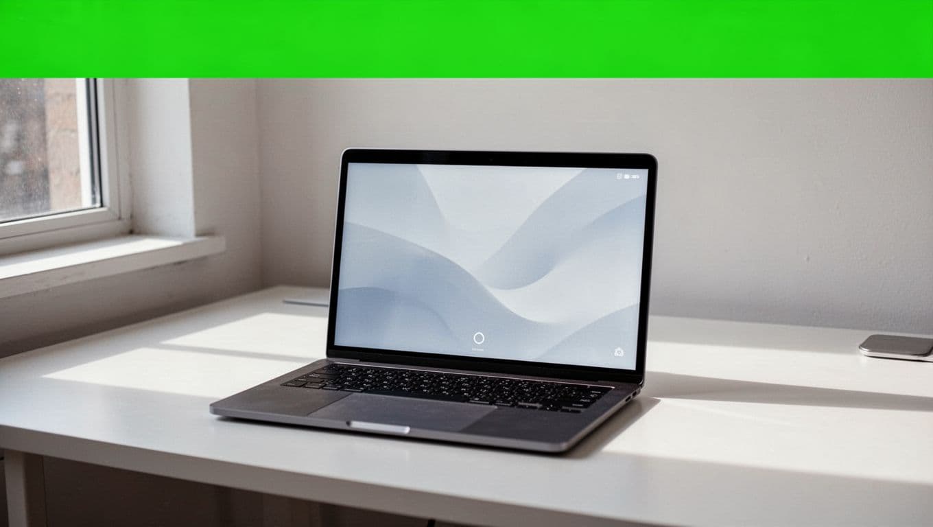 An open silver laptop rests centered on a sleek, empty desk surface. A vivid green horizontal stripe spans the upper edge, showcasing a clean, bold white headline regarding modern software tools.
