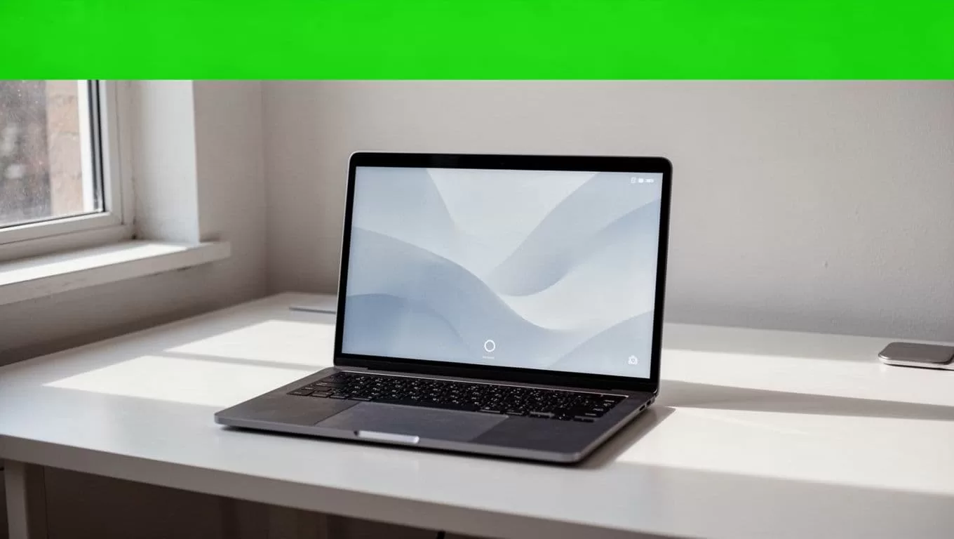 An open silver laptop rests centered on a sleek, empty desk surface. A vivid green horizontal stripe spans the upper edge, showcasing a clean, bold white headline regarding modern software tools.