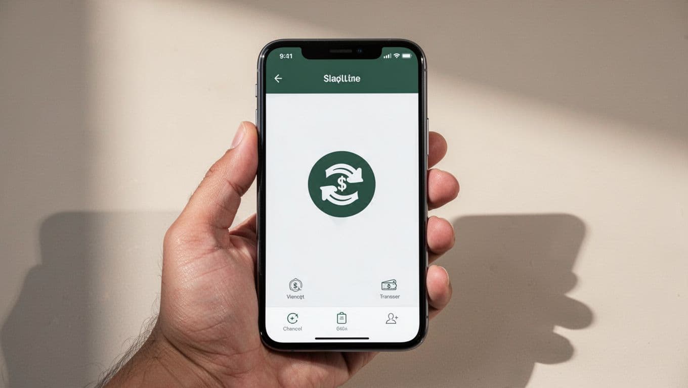 An interface design illustration for a mobile money transfer application with a dark green header.