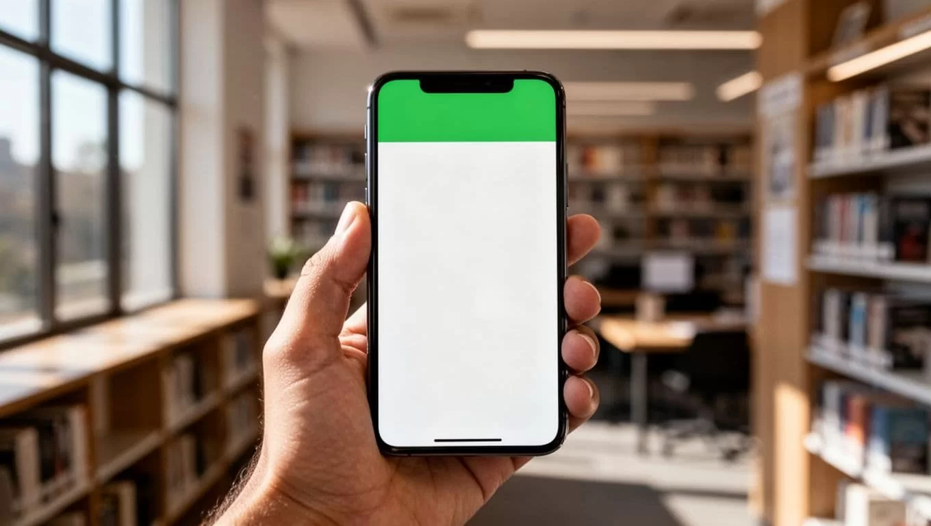 A person holds a phone displaying a green header for a language access mobile application.