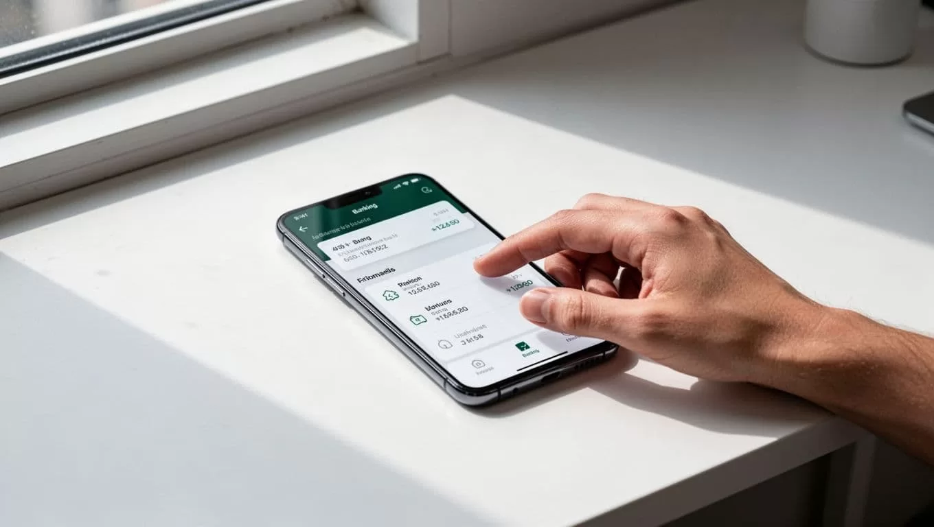 A smartphone shows a bank transfer app on a minimalist desk.
