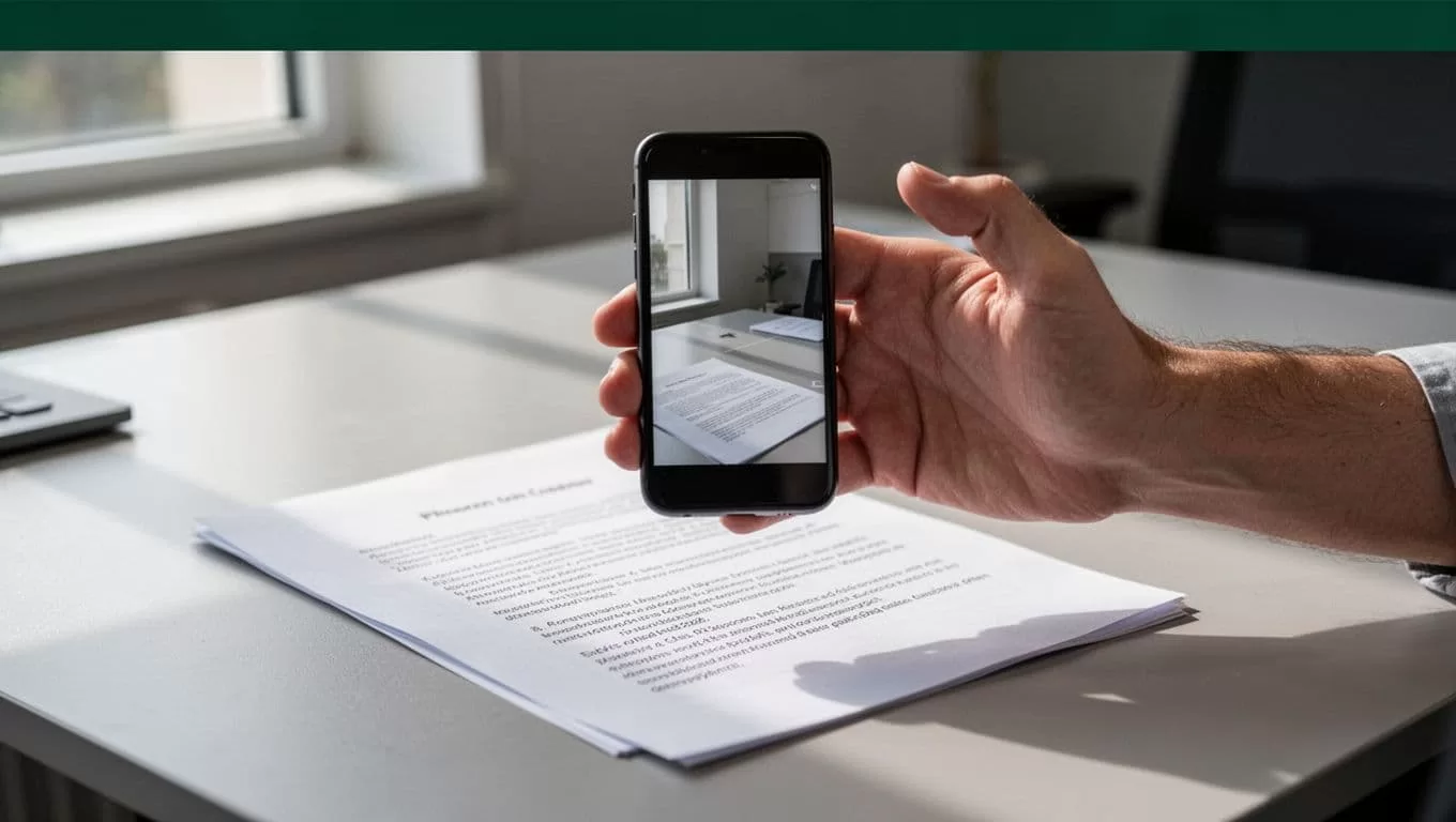 A close-up view displays a person utilizing a smartphone camera to capture a clear digital image of a printed document resting upon a professional dark wood desk surface.