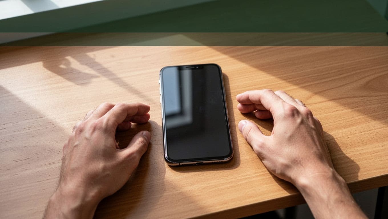 A smartphone on a wooden desk with a send money headline banner overhead.