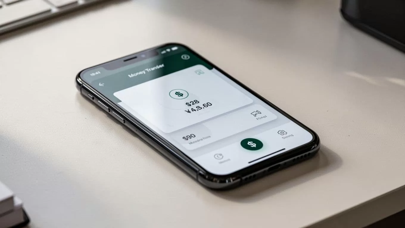 A smartphone showing a money transfer app on a clean desk.