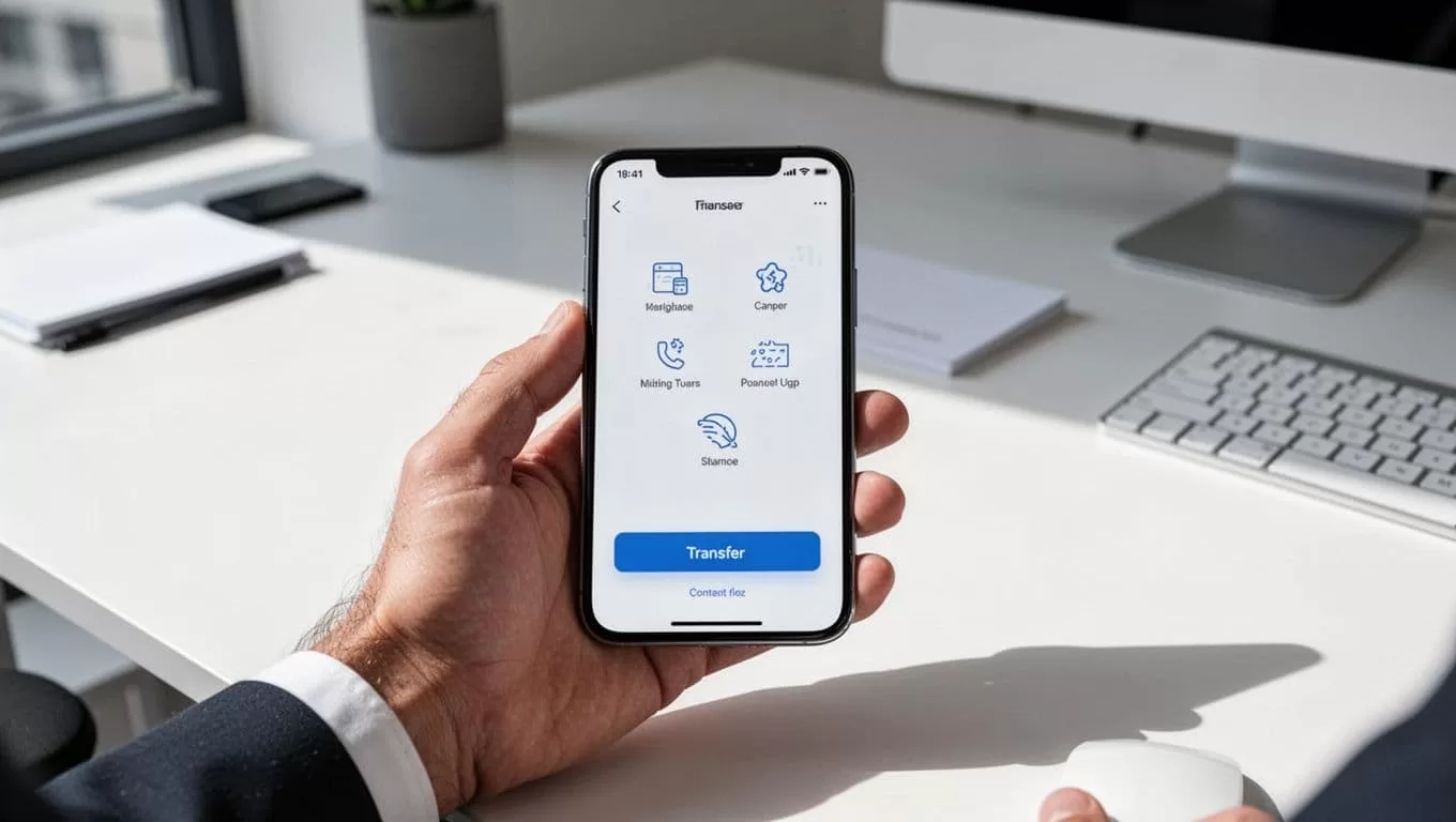 A smartphone displays a money transfer app on a minimal office desk.