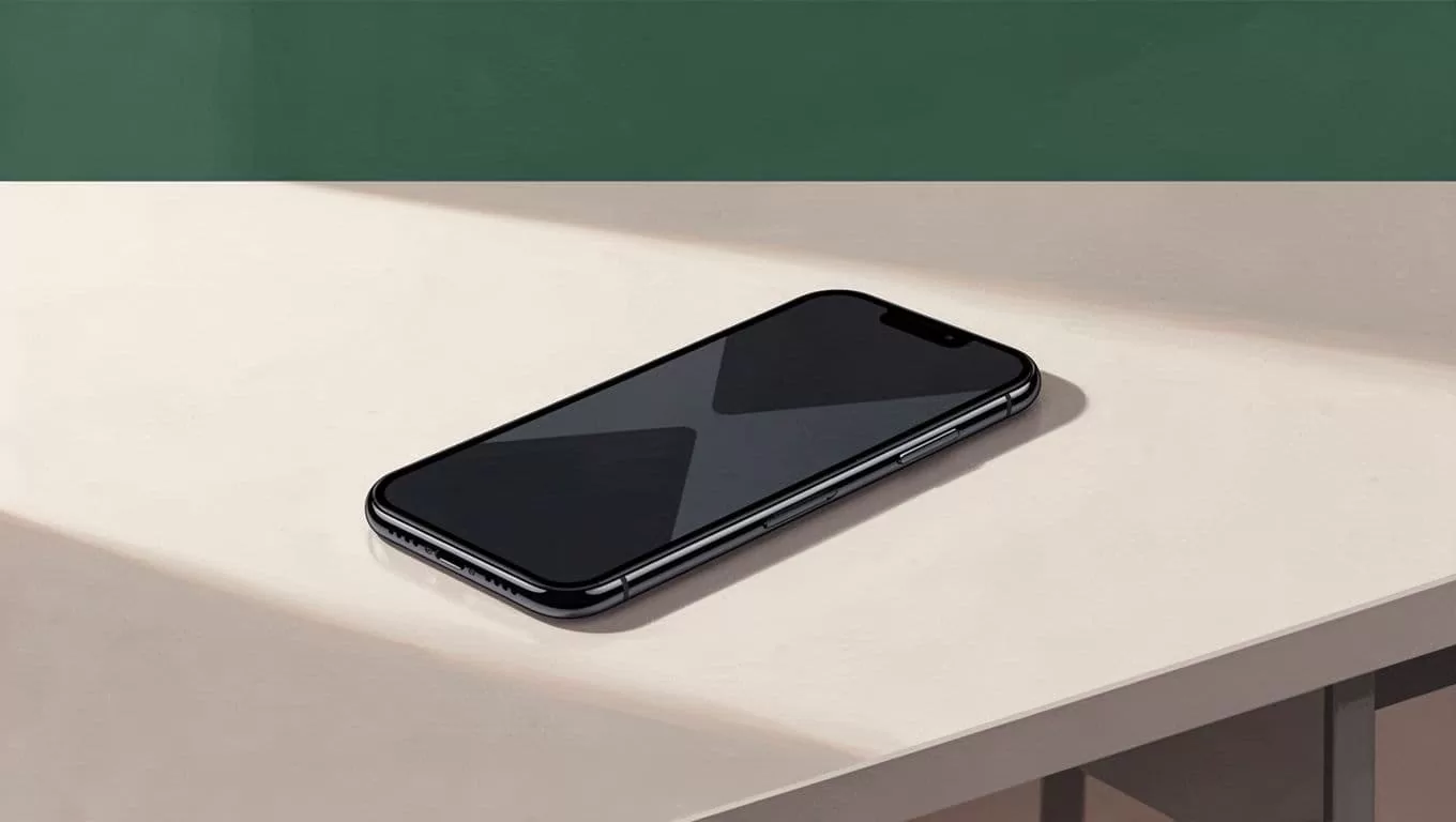 A smartphone app interface on a clean desk with a dark green accent band.