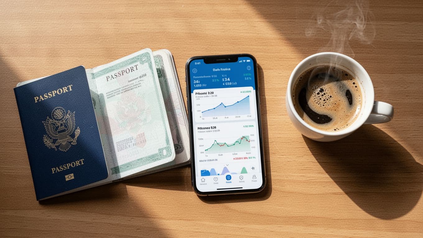A smartphone showing a money transfer app beside a passport and coffee on a wooden desk.