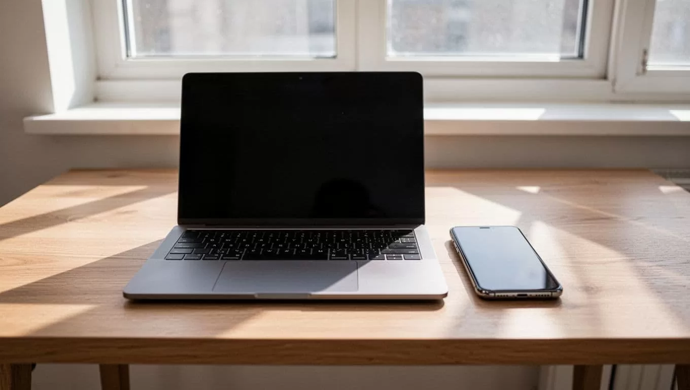 Laptop and mobile phone on a clean wooden desk in bright natural light.