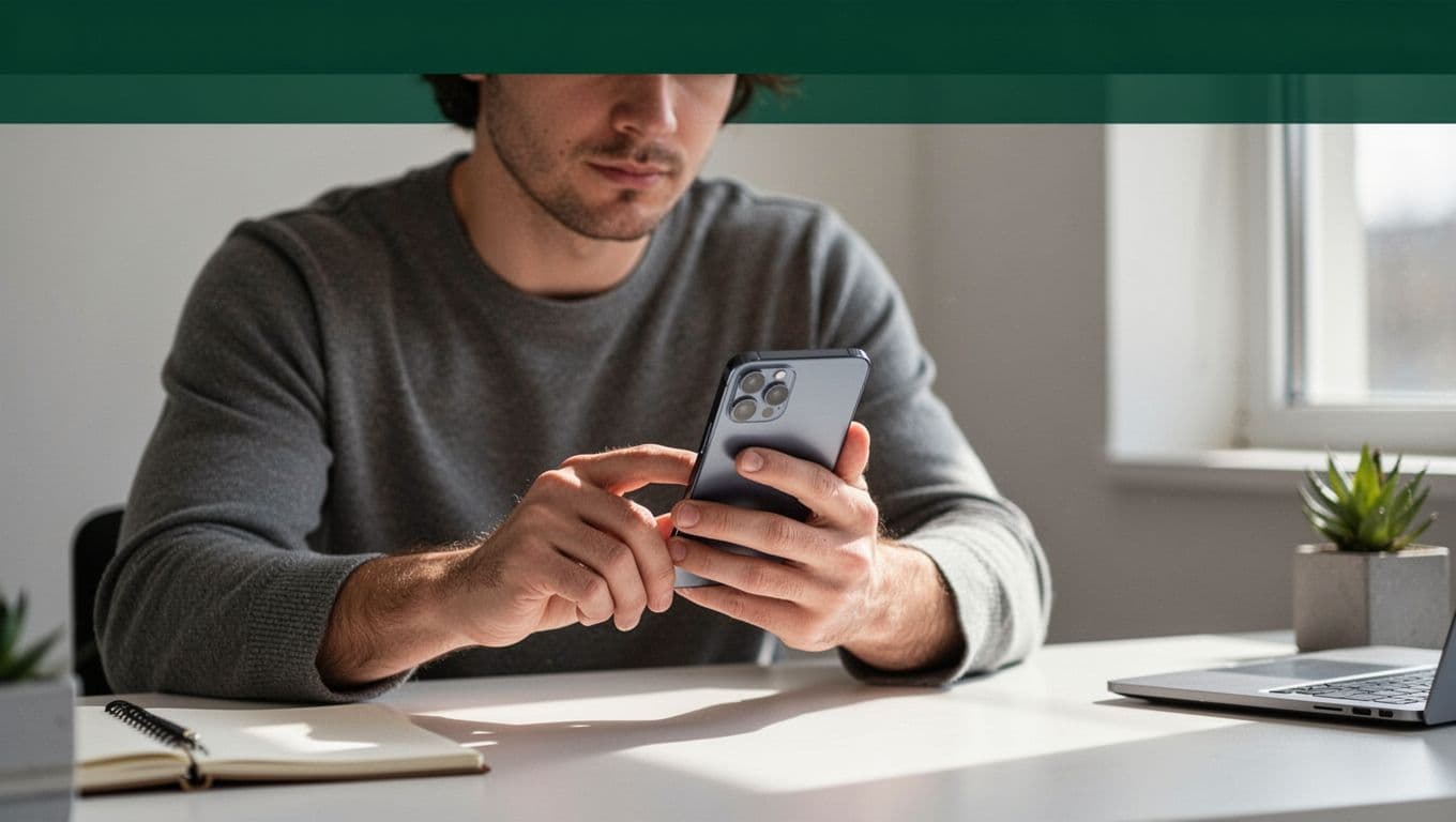 A person checks currency rates on a smartphone at a clean desk.
