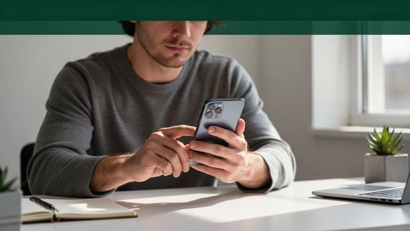 A person checks currency rates on a smartphone at a clean desk.