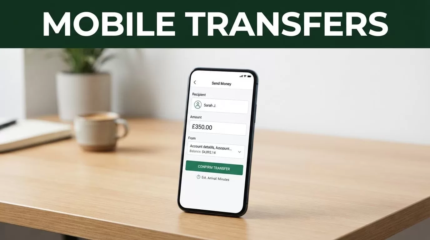 A smartphone showing a money transfer app rests on a light wooden desk under studio lights.