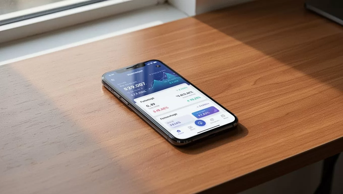 A smartphone displaying a finance app on a wooden desk beneath a Mobile Transfer banner.