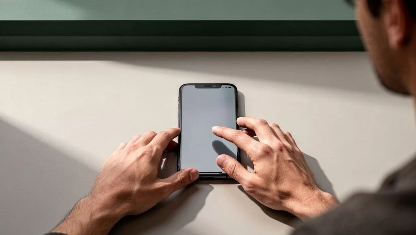 A person using a smartphone with a clean user interface design on a minimalist desk.