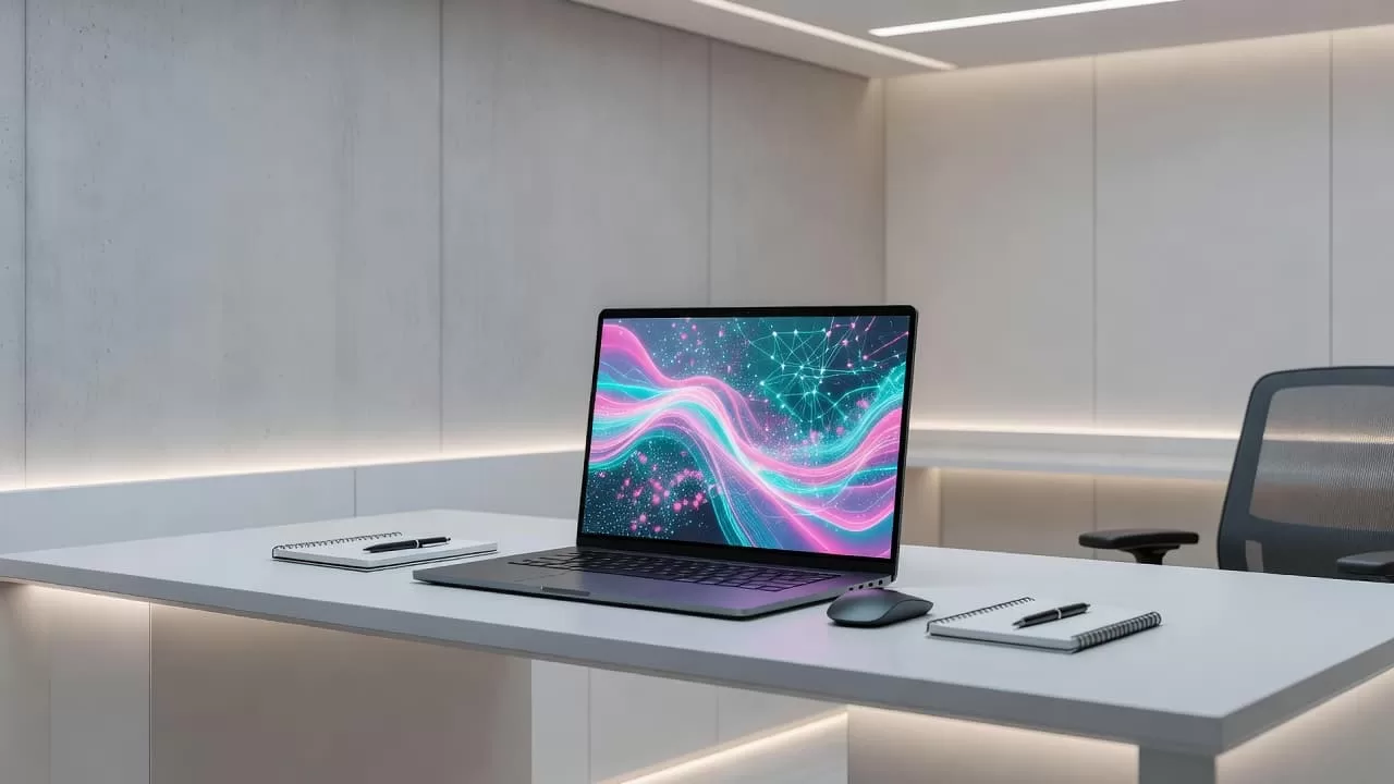 A sleek silver laptop sits centered on a minimalist desk, displaying a vibrant abstract data visualization. The clean office background is bathed in soft, ambient blue light for focused productivity.