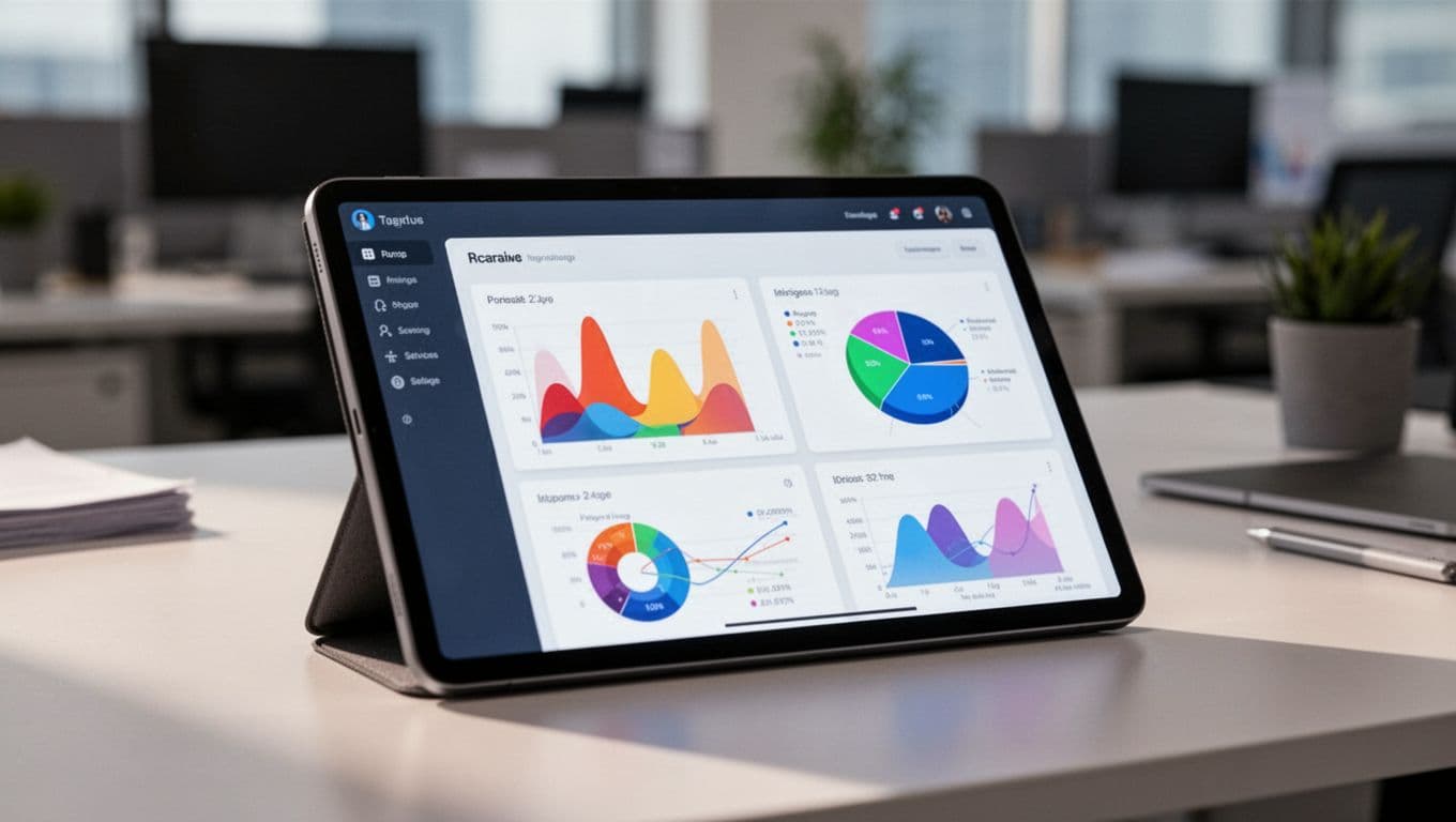 A sharp tablet screen displays a glowing data dashboard filled with colorful abstract charts and performance graphs. The device rests on a clean professional desk bathed in soft, warm cinematic lighting.