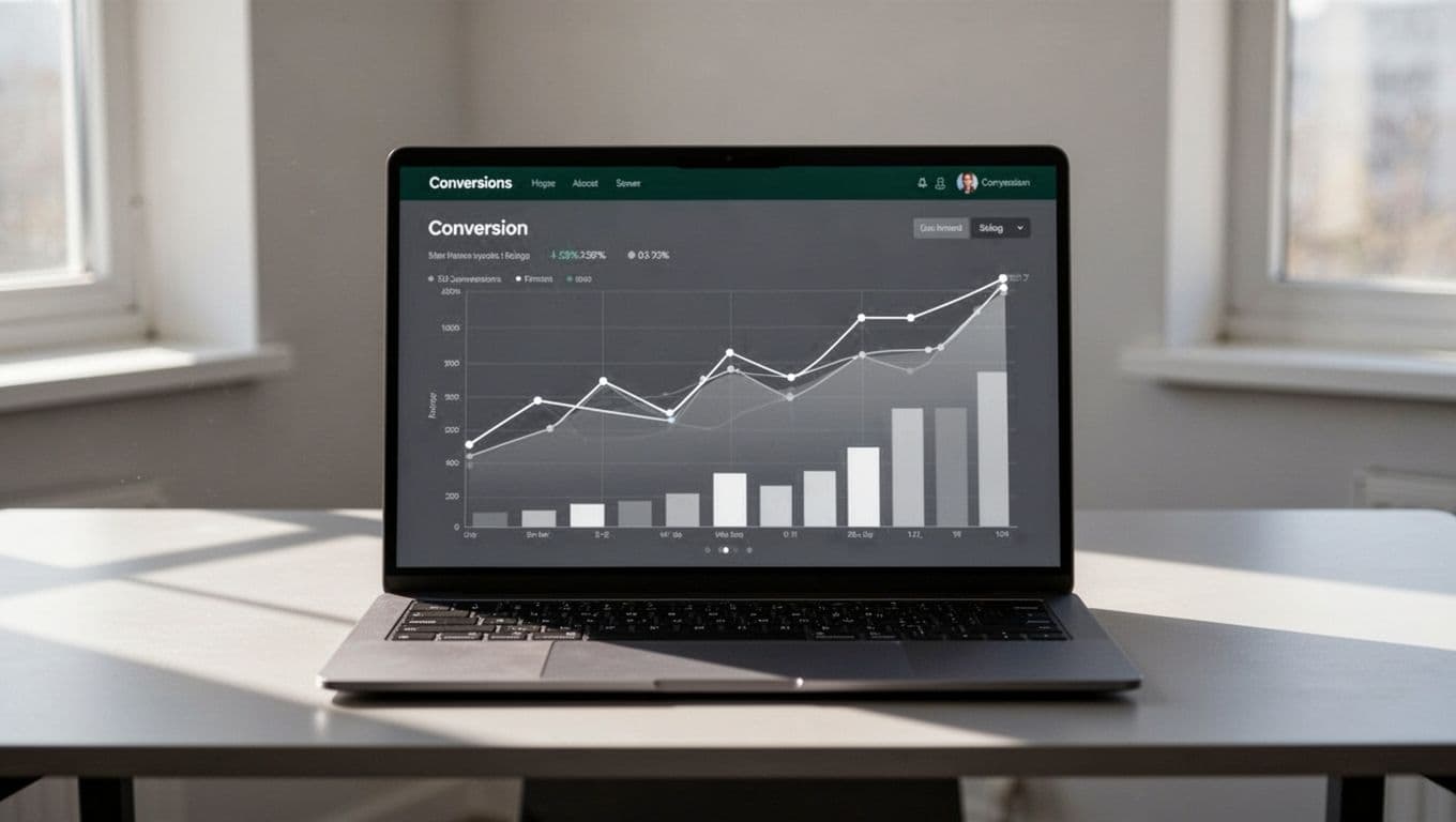 A high-tech computer monitor sits on a clean desk, displaying a professional dashboard with conversion graphs. The interface features a dark-green header, bold white text, and a light gray background.