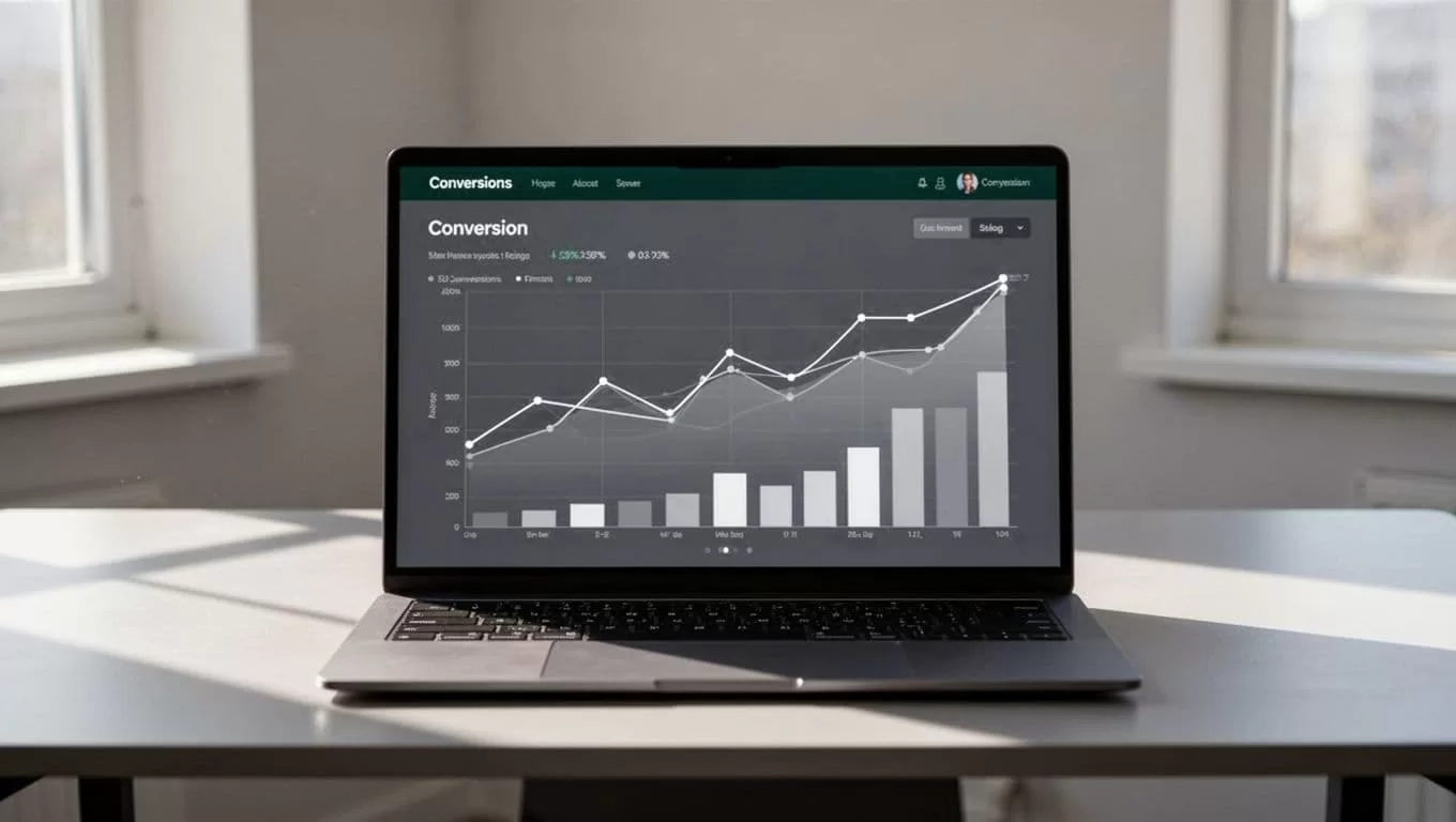 A high-tech computer monitor sits on a clean desk, displaying a professional dashboard with conversion graphs. The interface features a dark-green header, bold white text, and a light gray background.