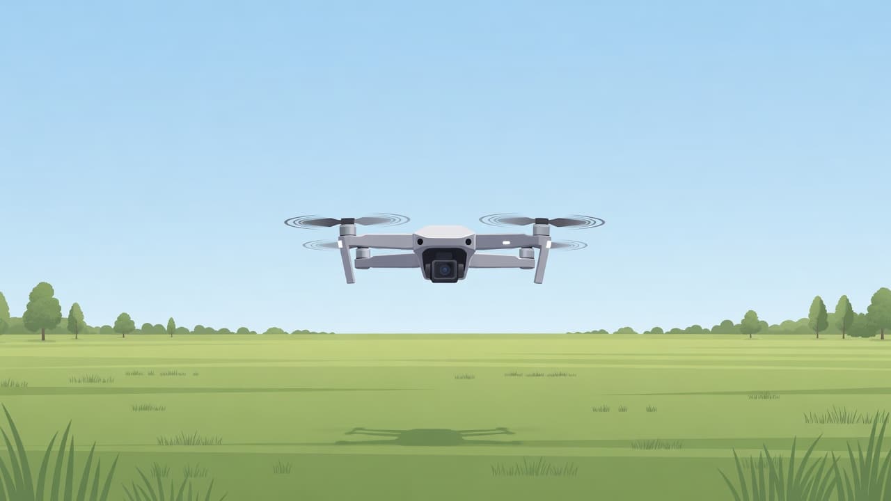 A sleek white drone hovers steadily over a vast green park under a clear sky. Minimalist vector design emphasizes its stable flight posture against the expansive, open-air environment background.
