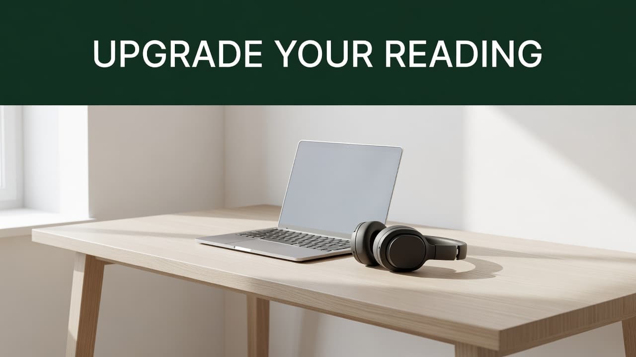 A sleek laptop sits next to black over-ear headphones on a clean wooden surface. The composition features a bold dark-green header strip above, highlighting the aesthetic of a modern study space.