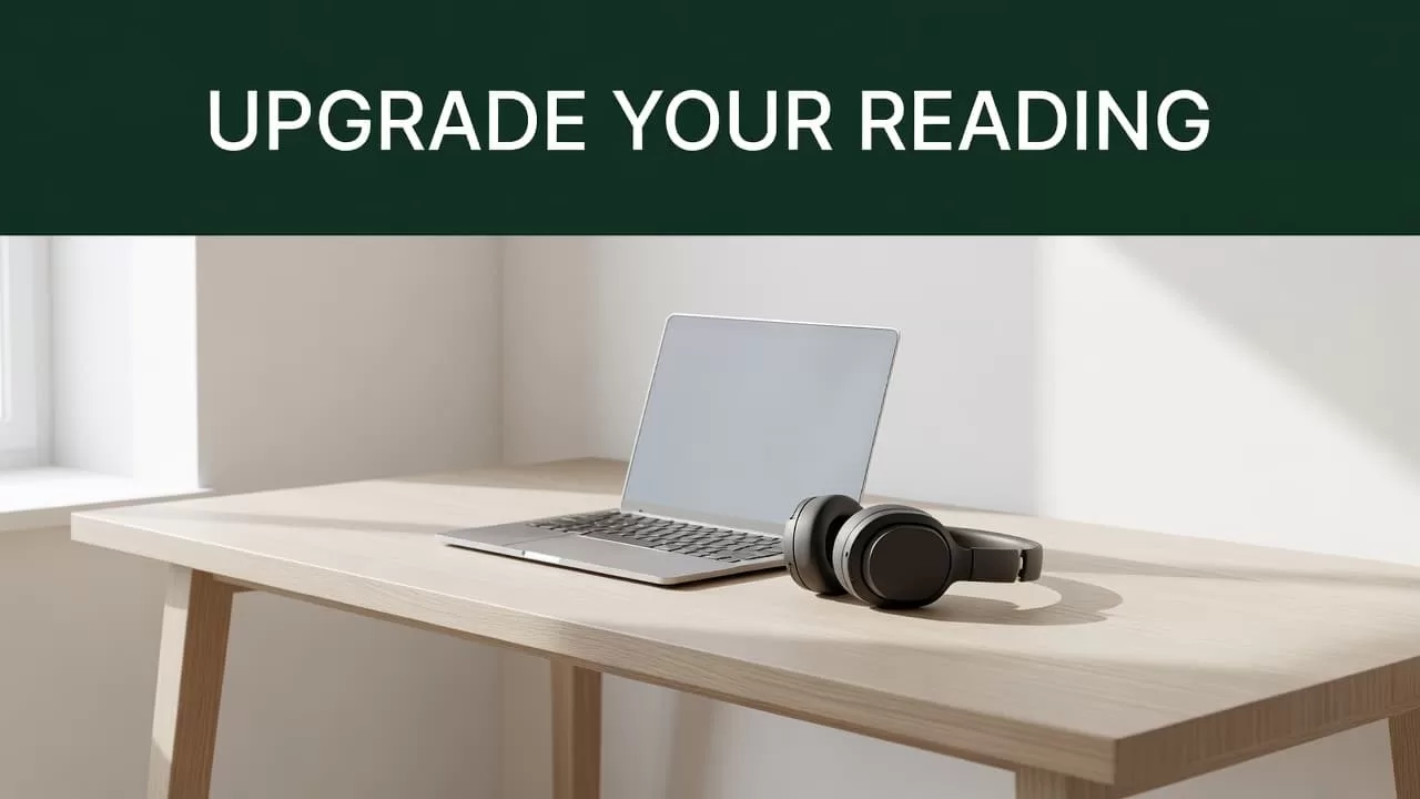 A sleek laptop sits next to black over-ear headphones on a clean wooden surface. The composition features a bold dark-green header strip above, highlighting the aesthetic of a modern study space.