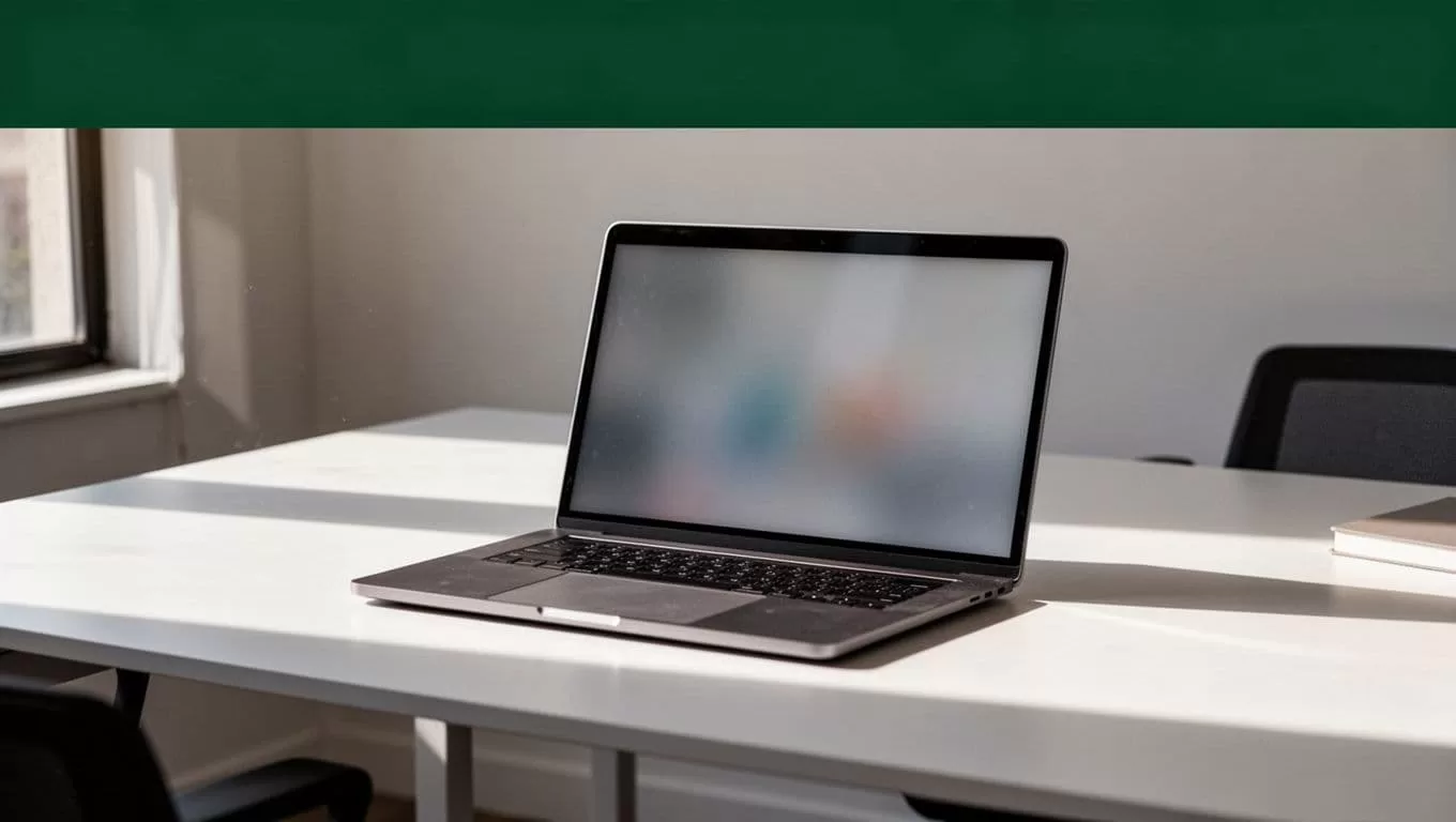 A laptop on a clean desk with a dark green banner labeled Speed Training at the top.