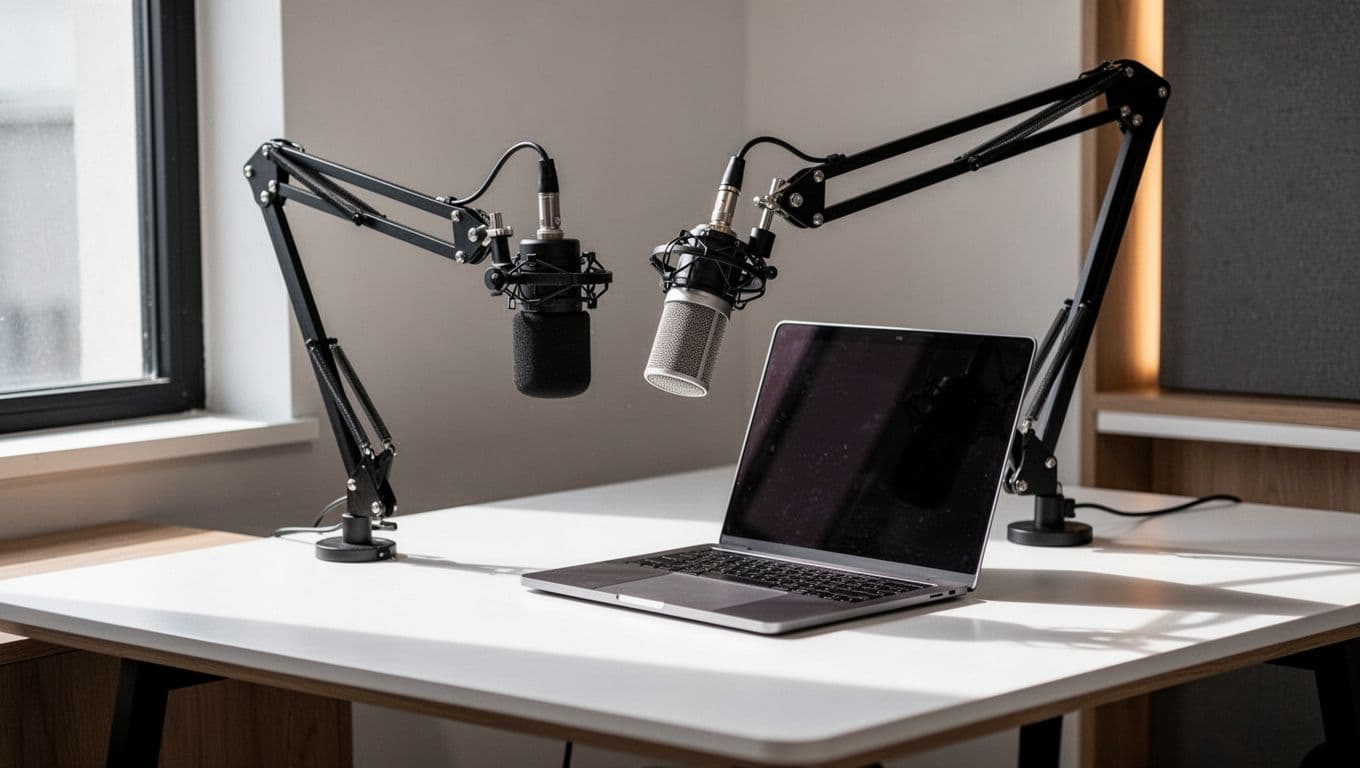 A professional microphone attached to a flexible boom arm sits above a sleek desk featuring an open laptop. High contrast lighting illuminates the workspace, highlighting the minimalist equipment and clean design.