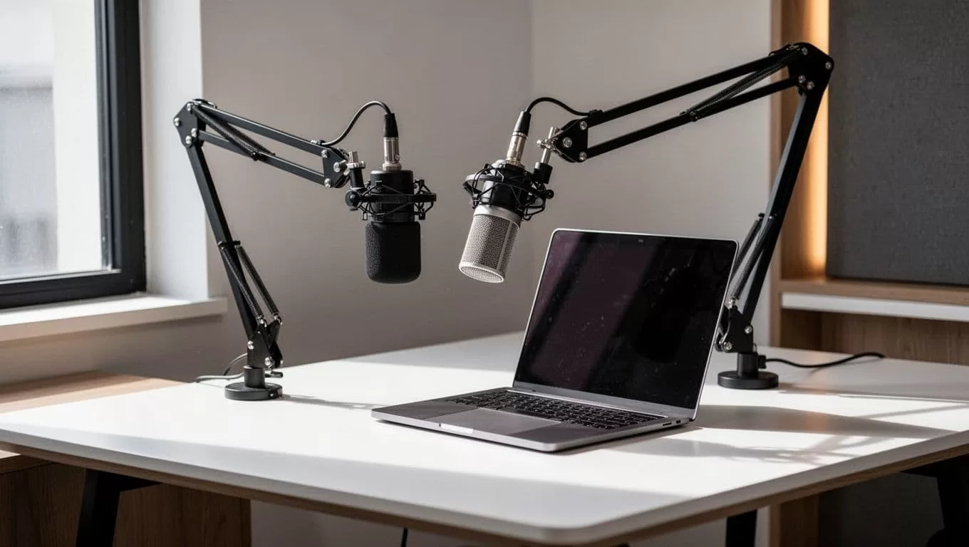 A professional microphone attached to a flexible boom arm sits above a sleek desk featuring an open laptop. High contrast lighting illuminates the workspace, highlighting the minimalist equipment and clean design.