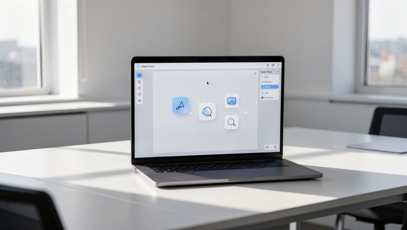 A sleek silver laptop sits open on a minimalist desk, displaying a clean digital writing interface. Soft natural light streams through a window, illuminating the tidy workspace and focused environment.
