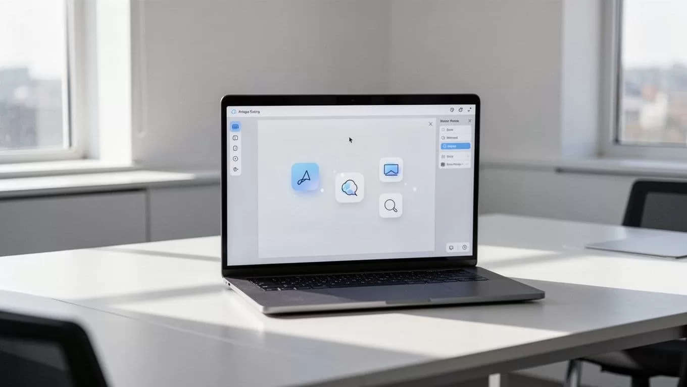 A sleek silver laptop sits open on a minimalist desk, displaying a clean digital writing interface. Soft natural light streams through a window, illuminating the tidy workspace and focused environment.