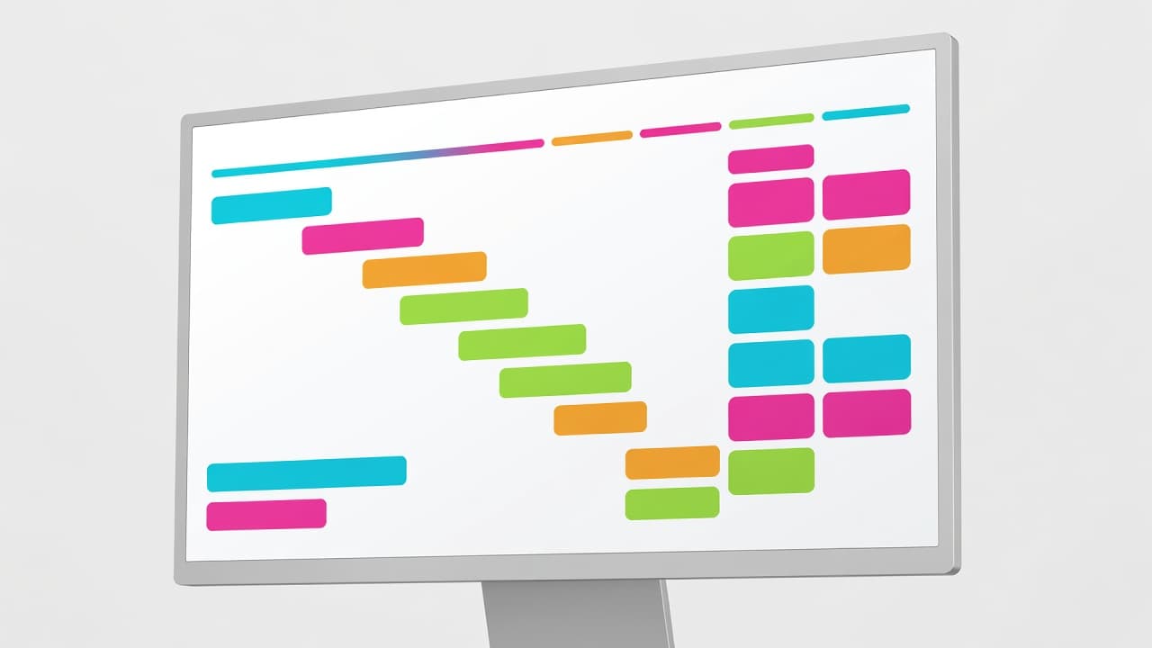 A sleek digital interface displayed on a computer screen shows colorful bar charts and organized content workflow queues. Soft ambient light highlights the clean geometric shapes against a neutral grey backdrop.