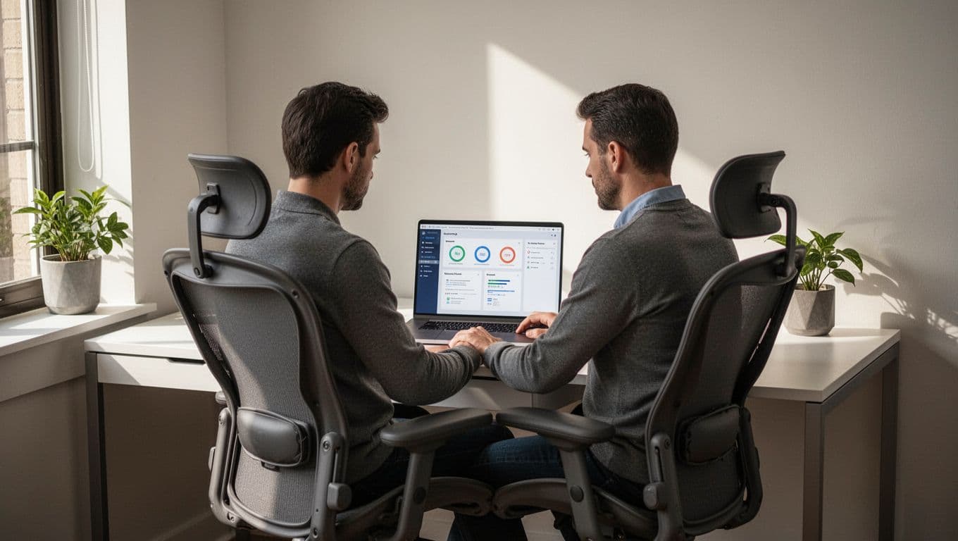 A person sits at a sleek desk focused on a laptop screen displaying a data dashboard. A dark green header band with geometric white text frames the top of the workspace.