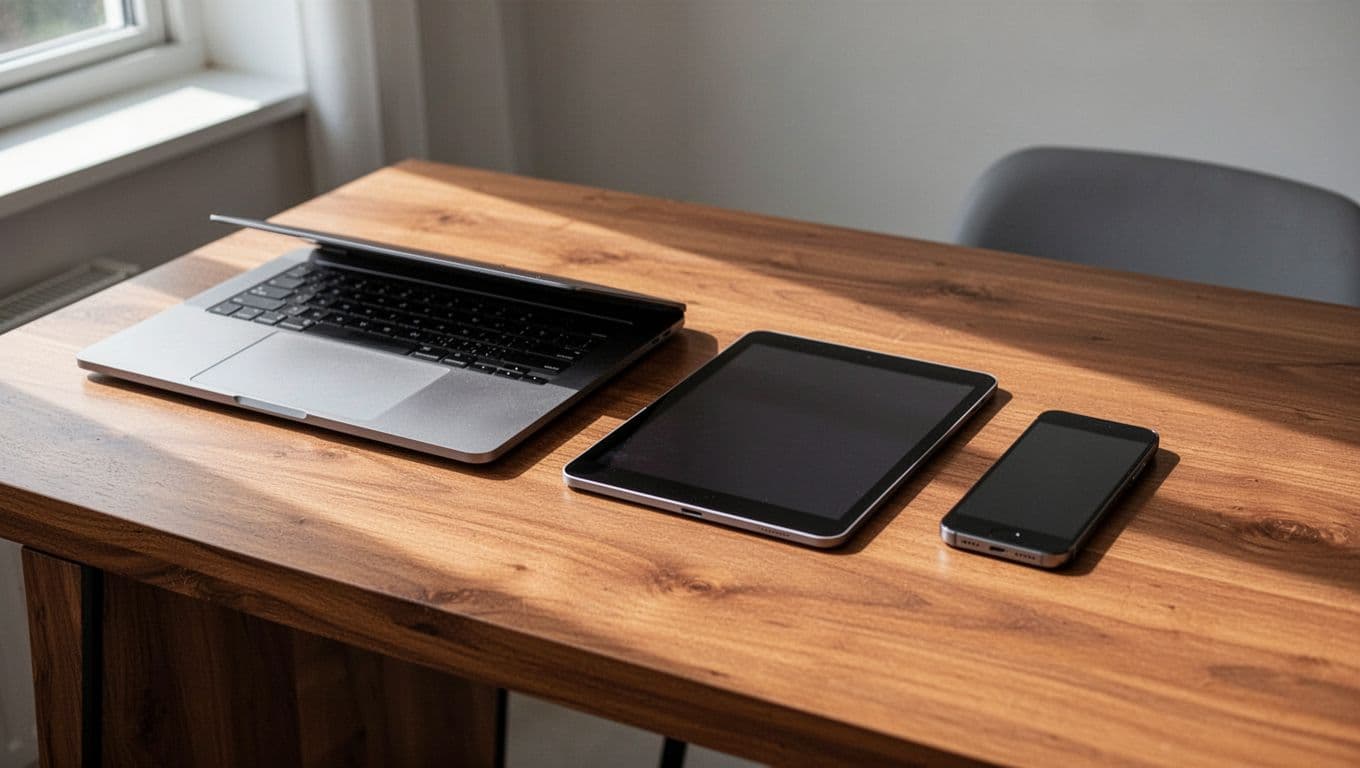 A laptop, tablet, and smartphone neatly arranged on a wooden desk with a green accent bar above.