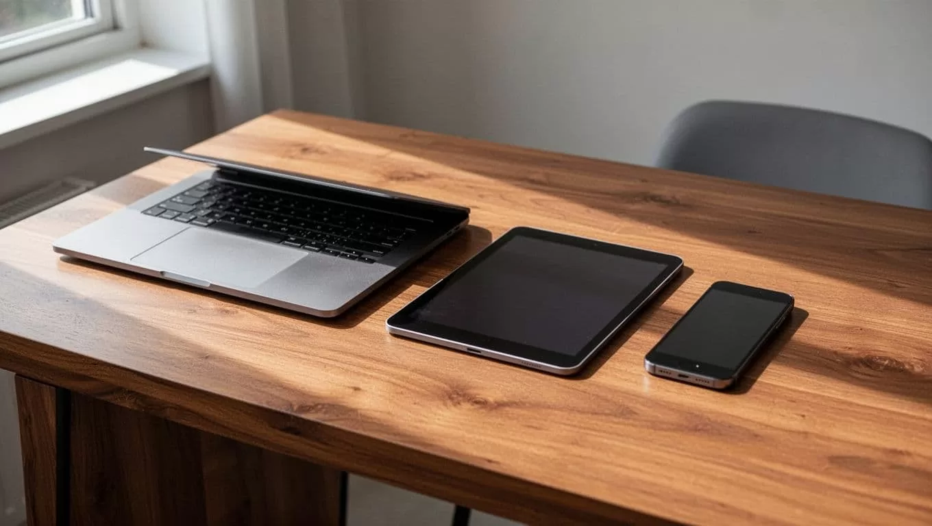 A laptop, tablet, and smartphone neatly arranged on a wooden desk with a green accent bar above.