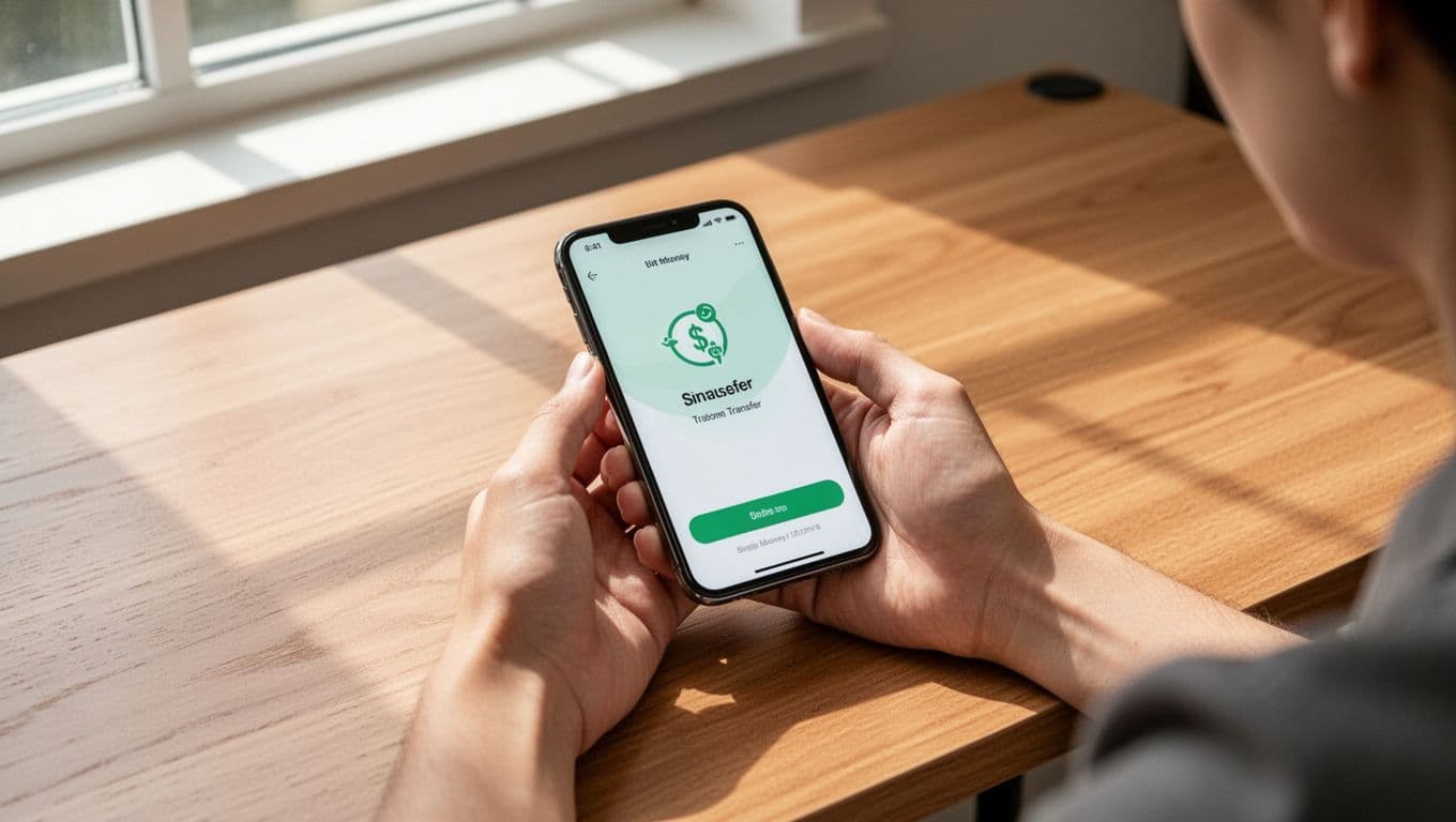 A smartphone showing a money transfer app rests on a wooden desk.