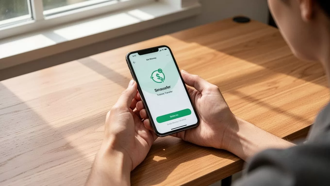 A smartphone showing a money transfer app rests on a wooden desk.