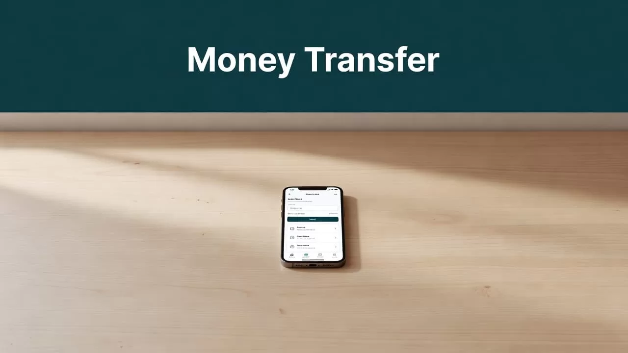 A smartphone on a wooden table displays a digital money transfer mobile app.