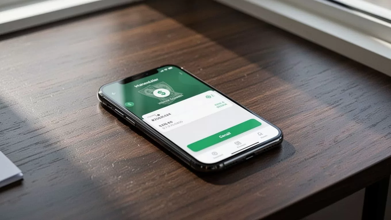 A smartphone showing a money transfer app on a dark wooden desk.