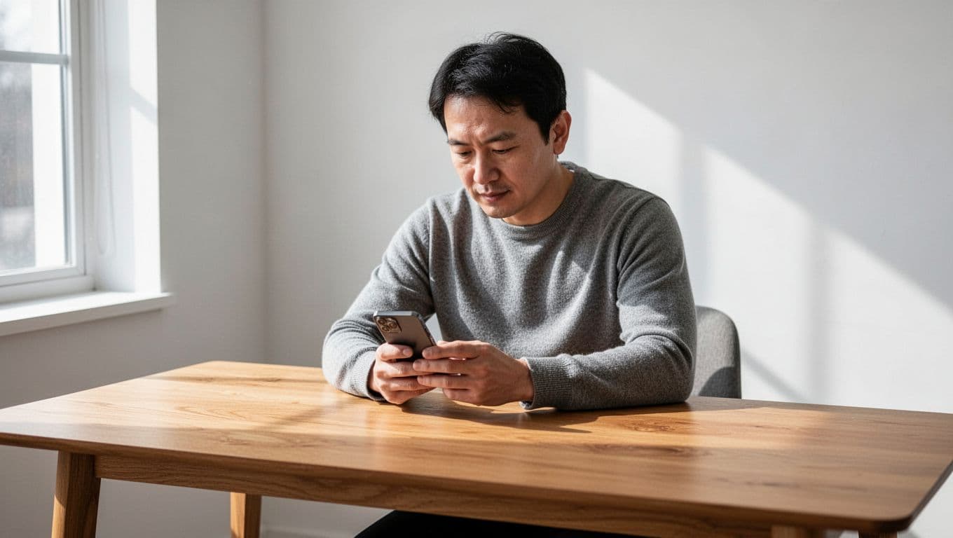 A person using a smartphone at a wooden desk under a bold green banner.