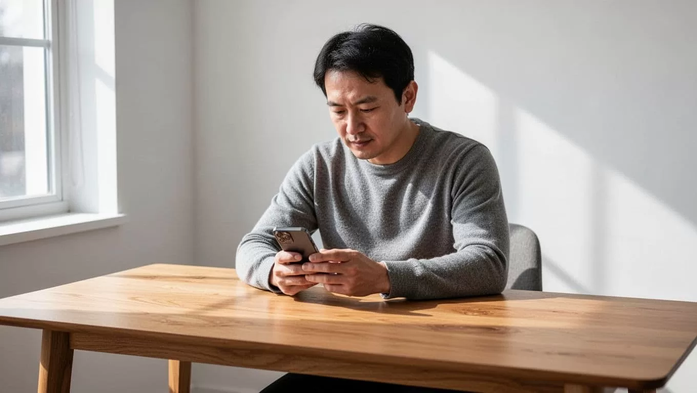 A person using a smartphone at a wooden desk under a bold green banner.