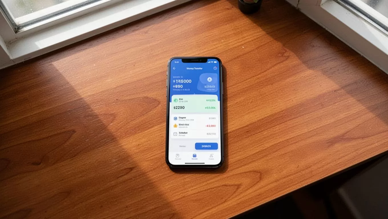 A smartphone showing money transfer options on a clean wooden desk.