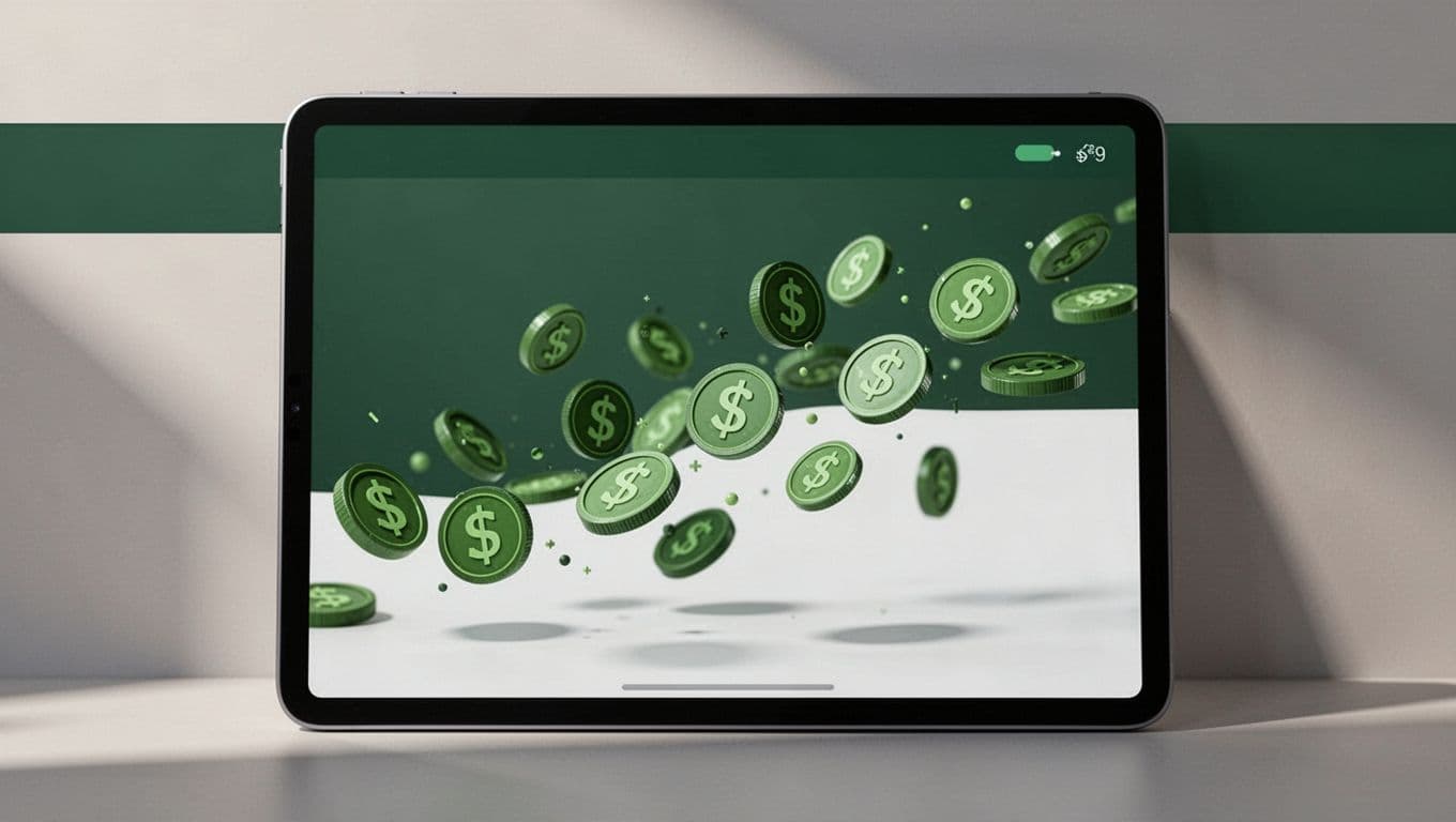 A dark green headline banner sits above a clean financial app interface illustration.