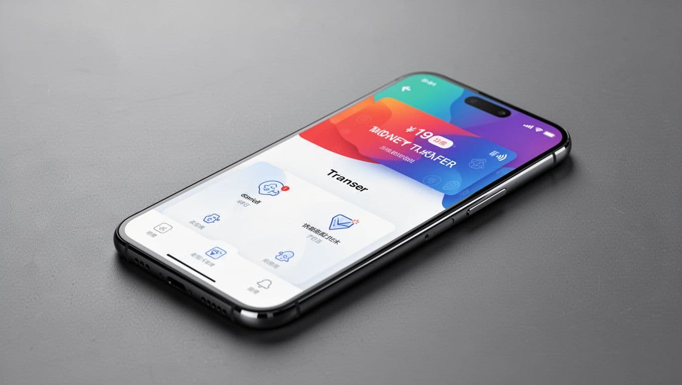 A smartphone displaying a money transfer app under studio lighting.