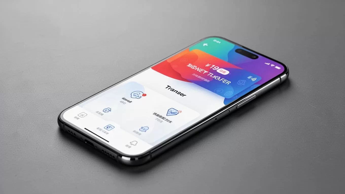 A smartphone displaying a money transfer app under studio lighting.