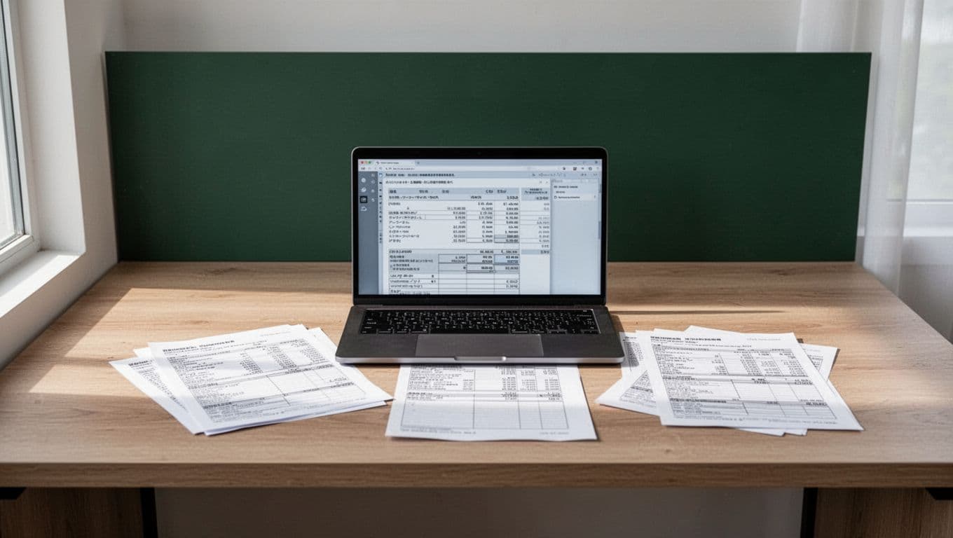 A dark green band at the top highlights a headline above a clean desk with a laptop and financial notes.